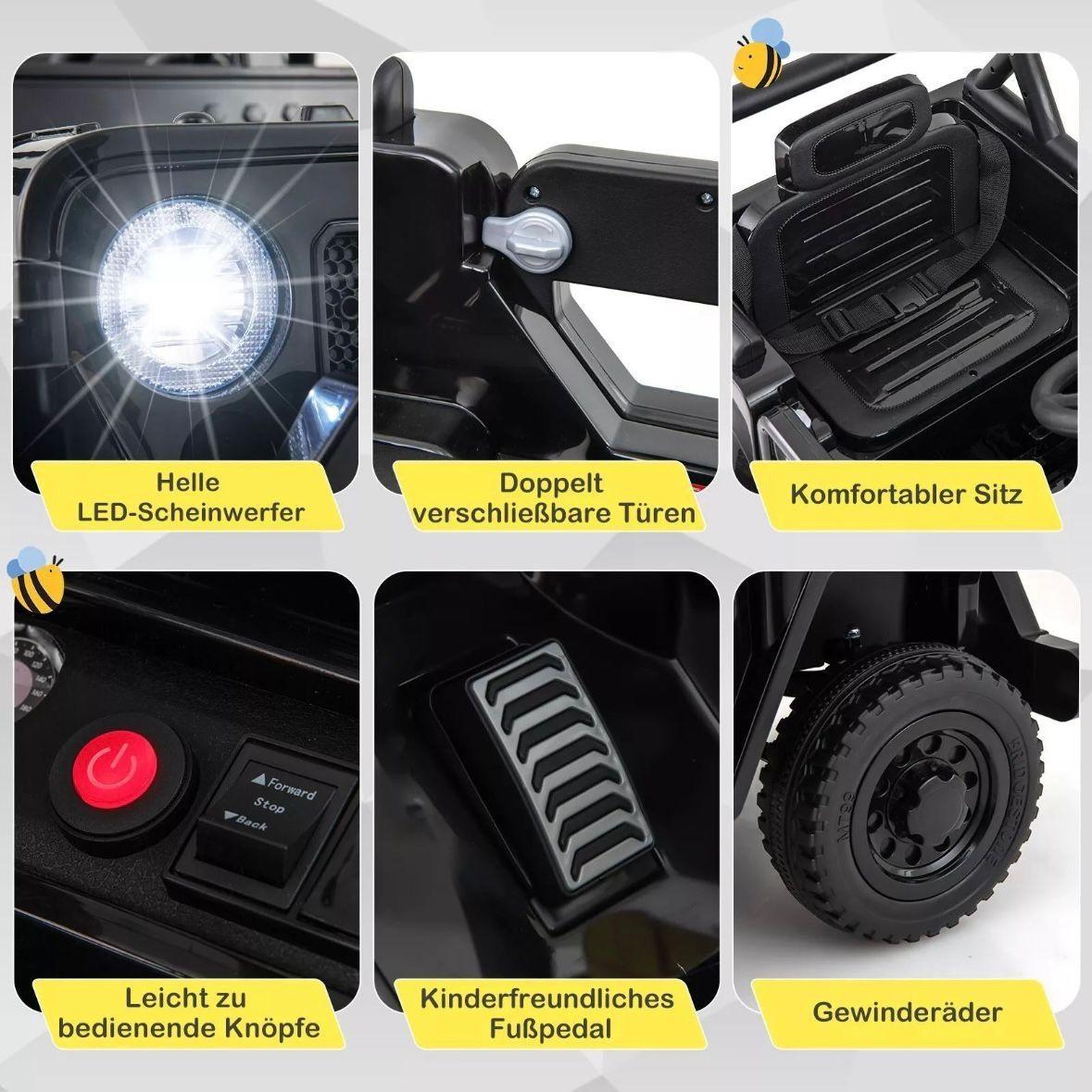 Elektrisches Kinderauto 12 V mit Fernbedienung & LED – Schwarz