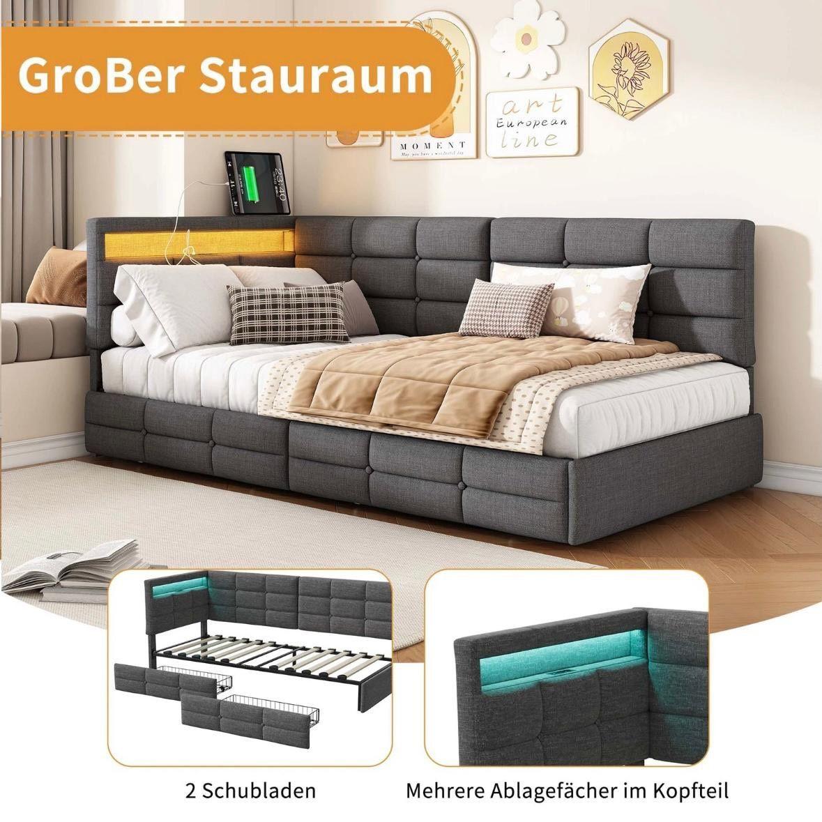 Polsterbett Grau mit LED USB & Schubladen 90x200cm