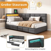 Polsterbett Grau mit LED USB & Schubladen 90x200cm