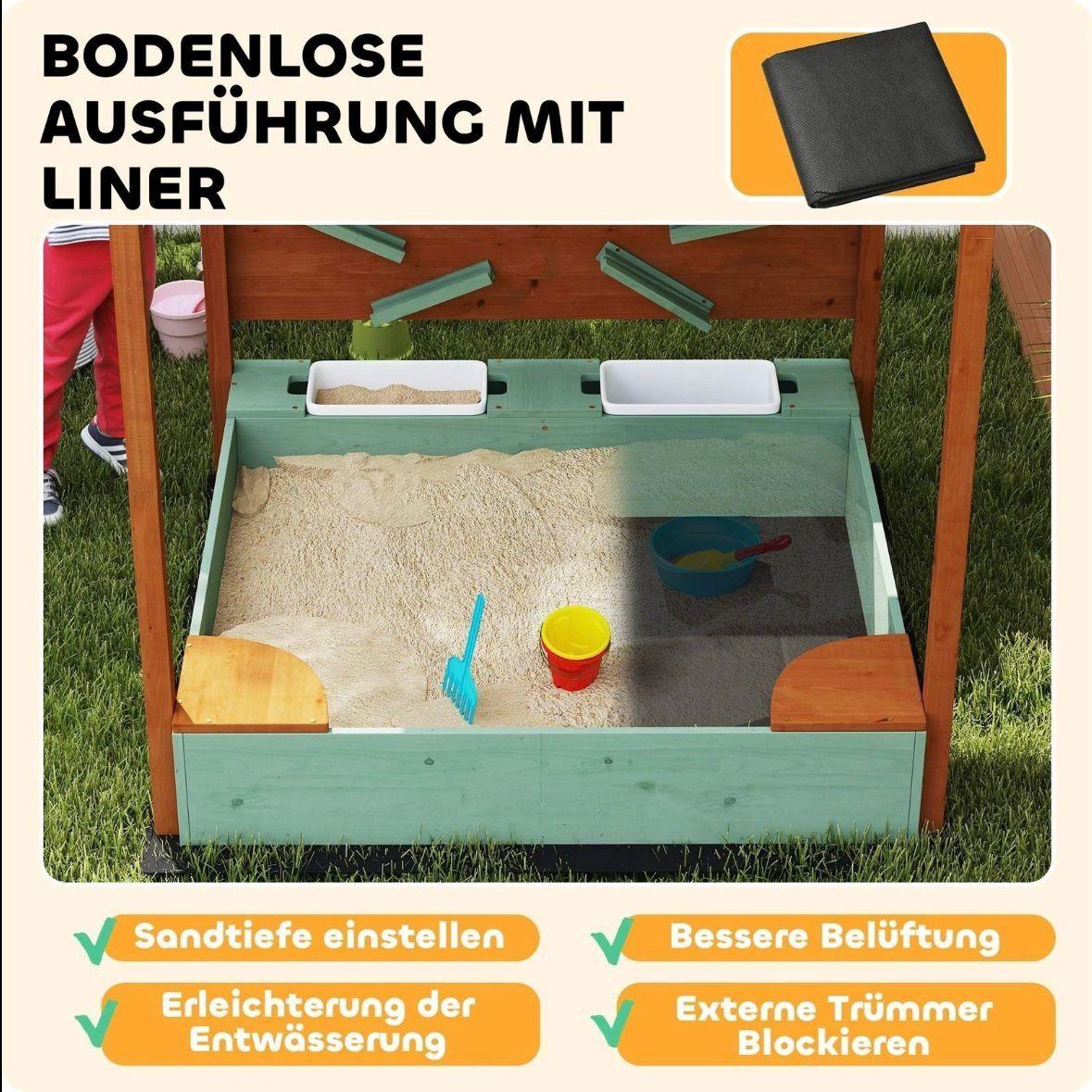 Sandkasten aus Holz mit Sonnendach & Zubehör