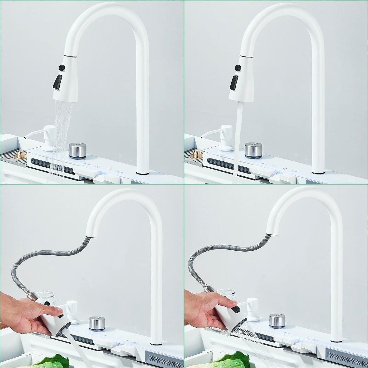 Edelstahl Küchenspüle Weiß mit LED & Wasserfall-Armatur