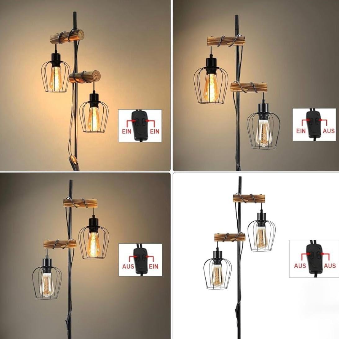 Stehlampe im Industrial- & Vintage-Stil mit Holz & Metallkäfig