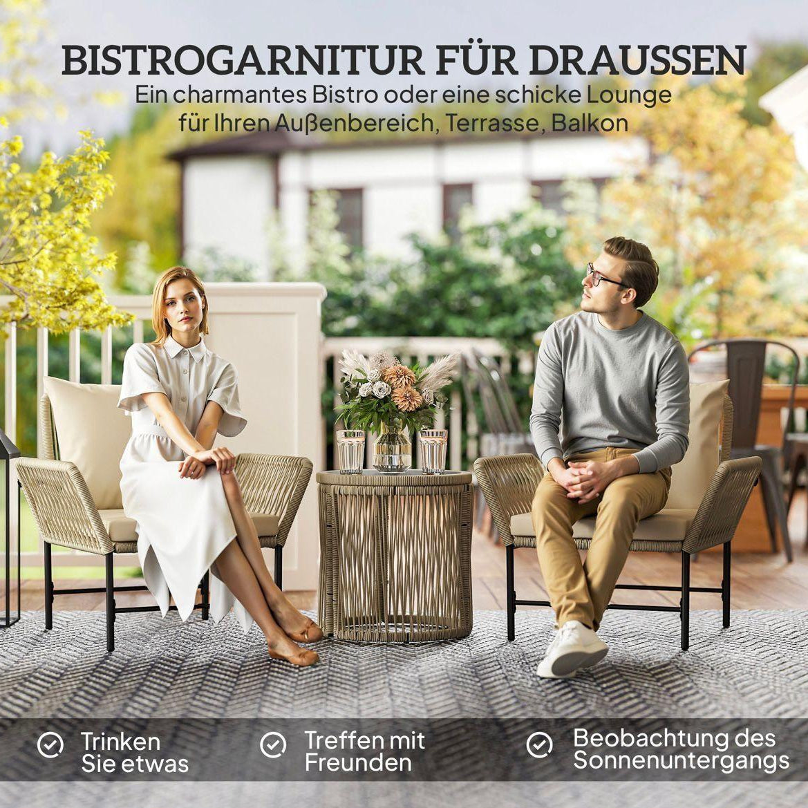 Gartenmöbel Set 3-tlg Balkon Sitzgruppe Rattan