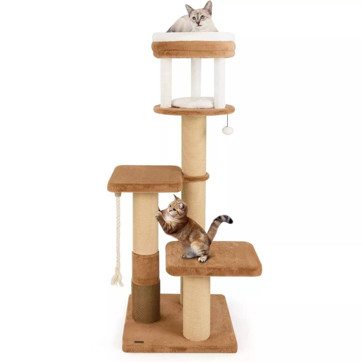 Kratzbaum aus Holz mit gepolsterten Liegeflächen & Katzenbett 164 cm