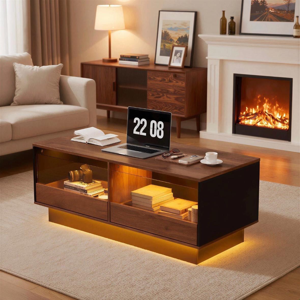 LED Couchtisch mit Glasablage & Schubladen – modern & stilvoll