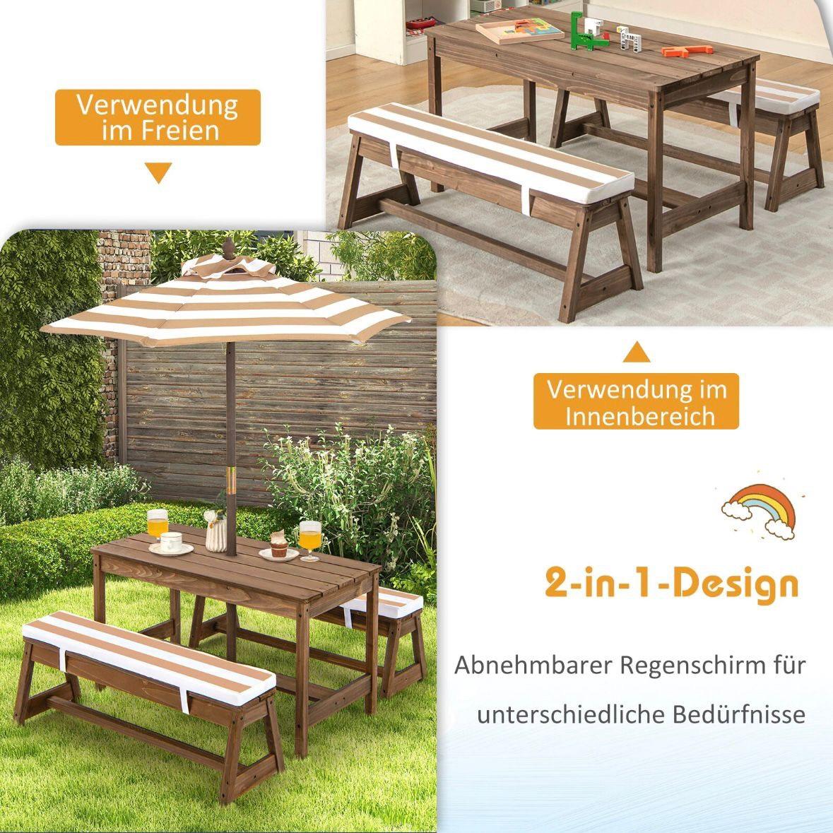 Kinder Picknicktisch Set aus Holz mit Sonnenschirm & Sitzkissen