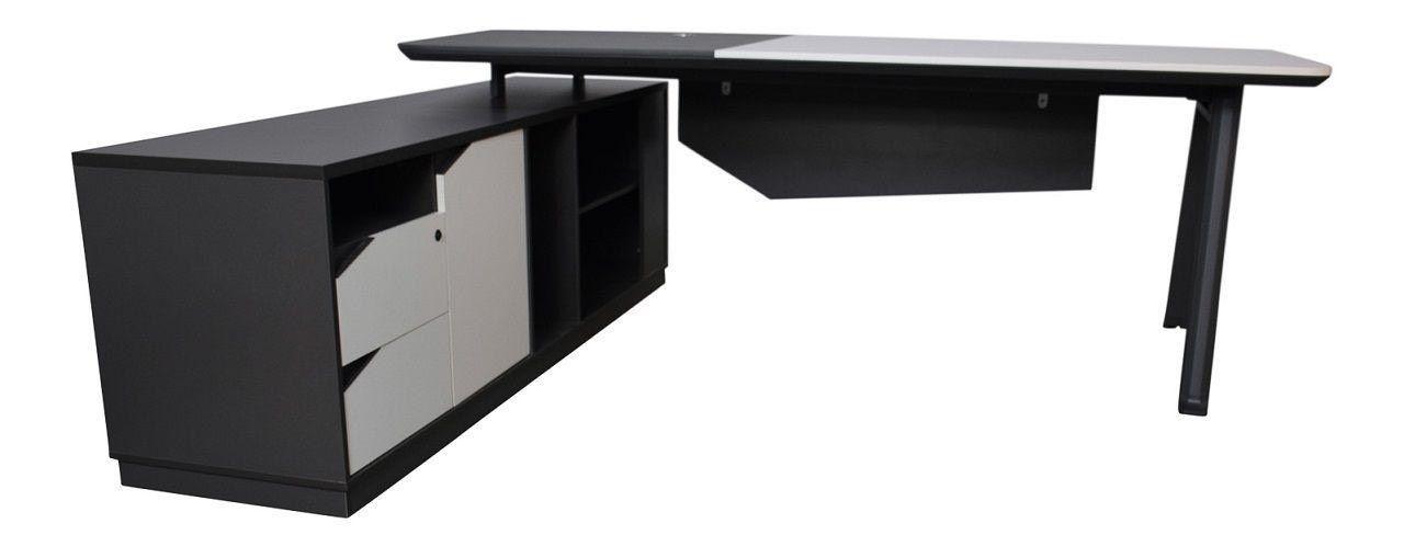 Chef-Schreibtisch 220×180cm Managerschreibtisch Weiß Anthrazit mit Kunstleder