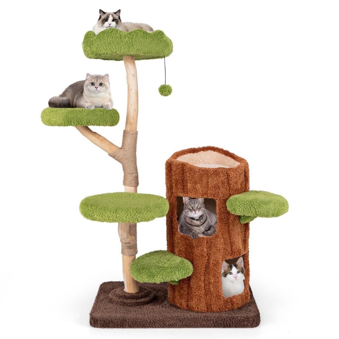 Kratzbaum aus Holz mit Katzenhöhle & Liegefläche stabil & mehrstöckig