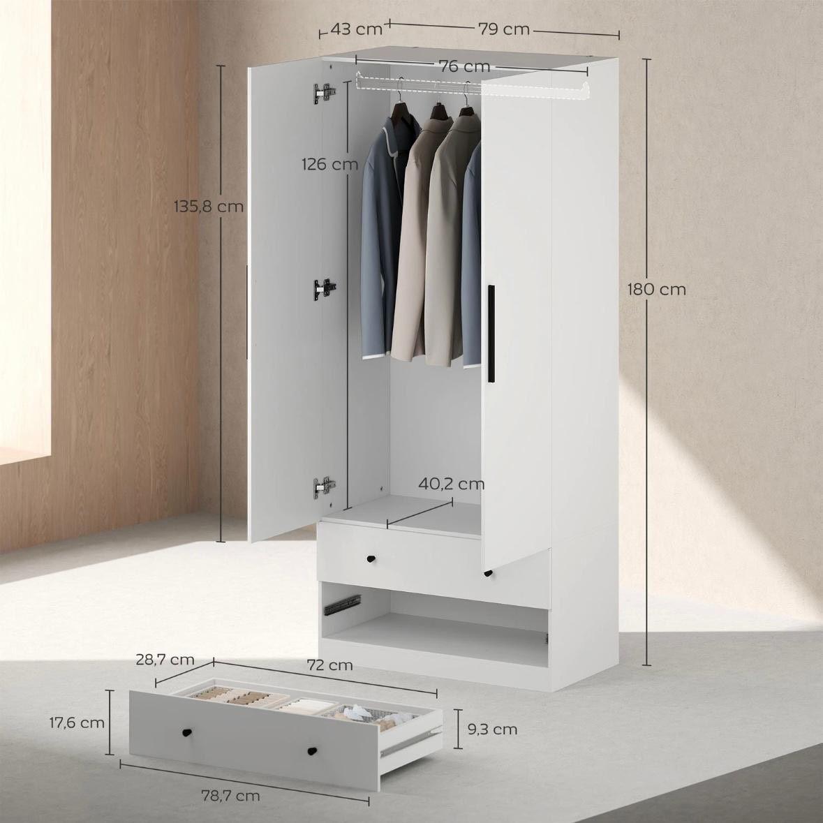 Moderner Kleiderschrank Weiß mit Schubladen & Kleiderstange