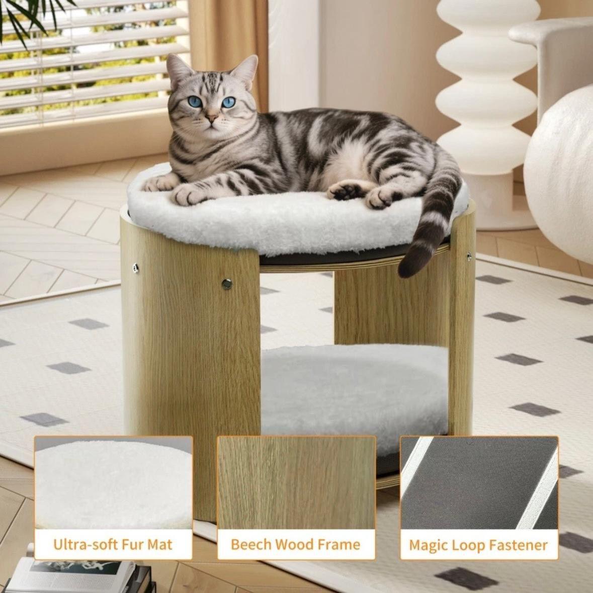 Katzen-Etagenbett aus Buchenholz mit 2 Ebenen & Kissen