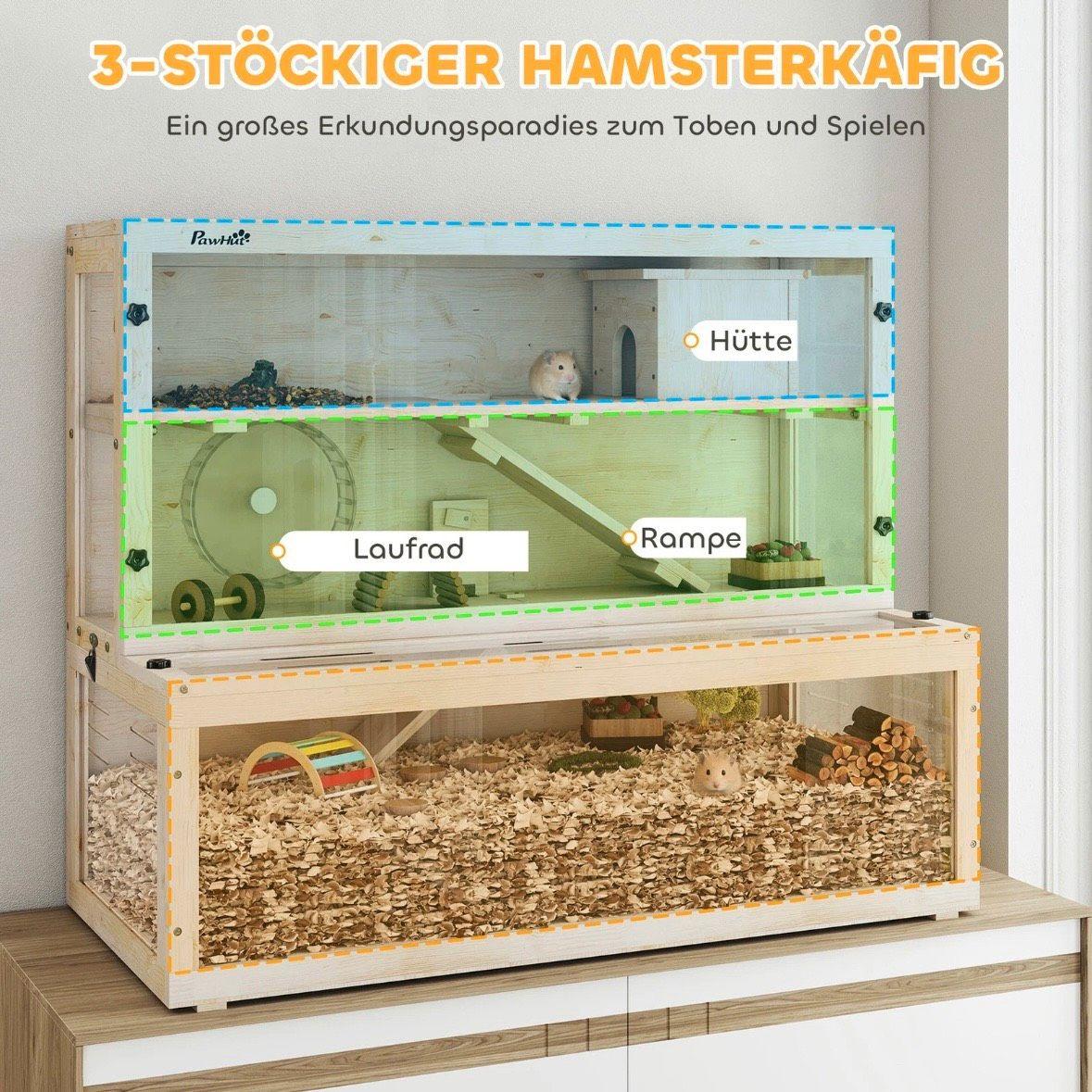 Hamsterkäfig Holz 3 Ebenen Kleintierkäfig mit Laufrad