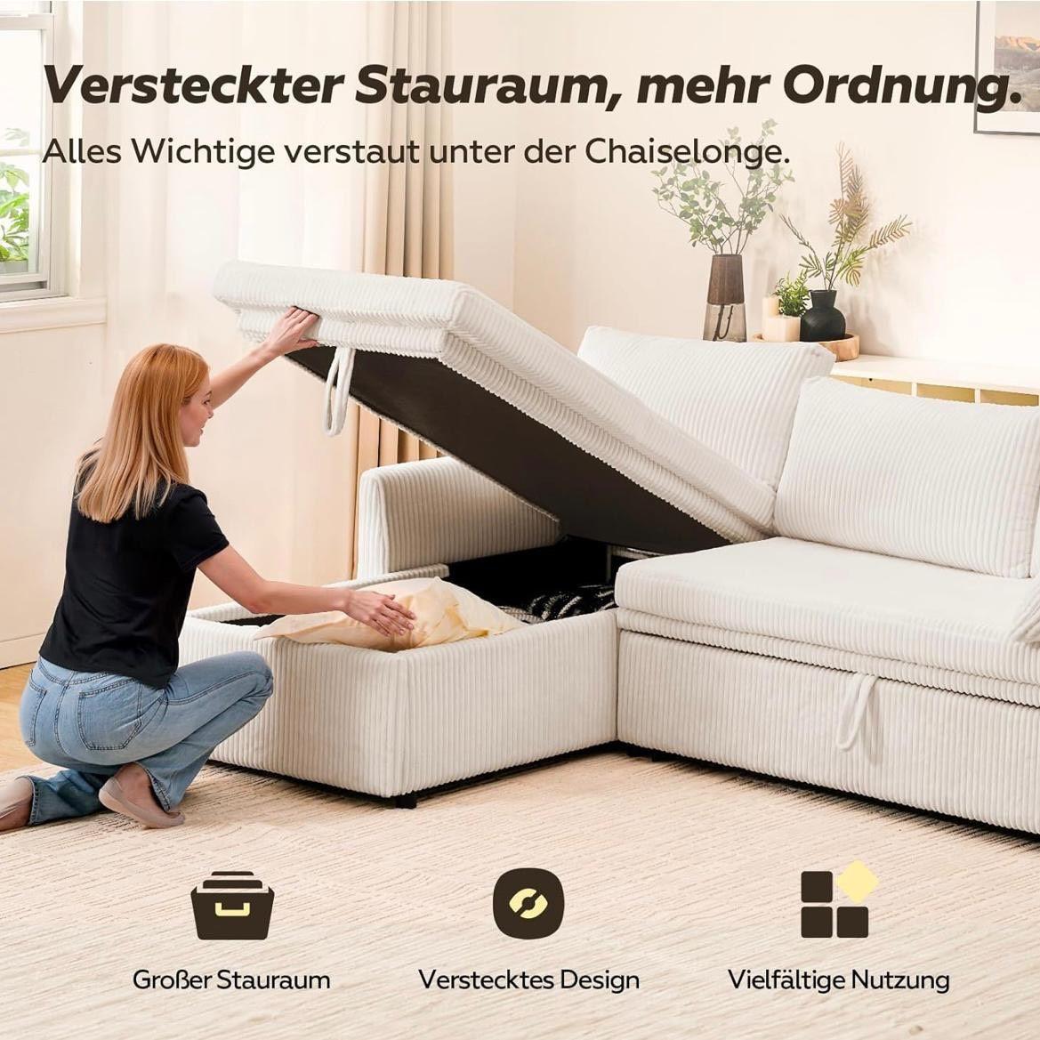 Modernes Eck-Schlafsofa mit Schlaffunktion & Stauraum Cord