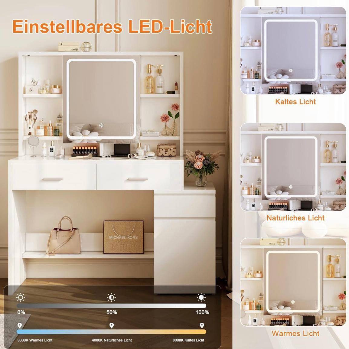 Schminktisch mit LED-Spiegel mit Stauraum & verstecktem Fach