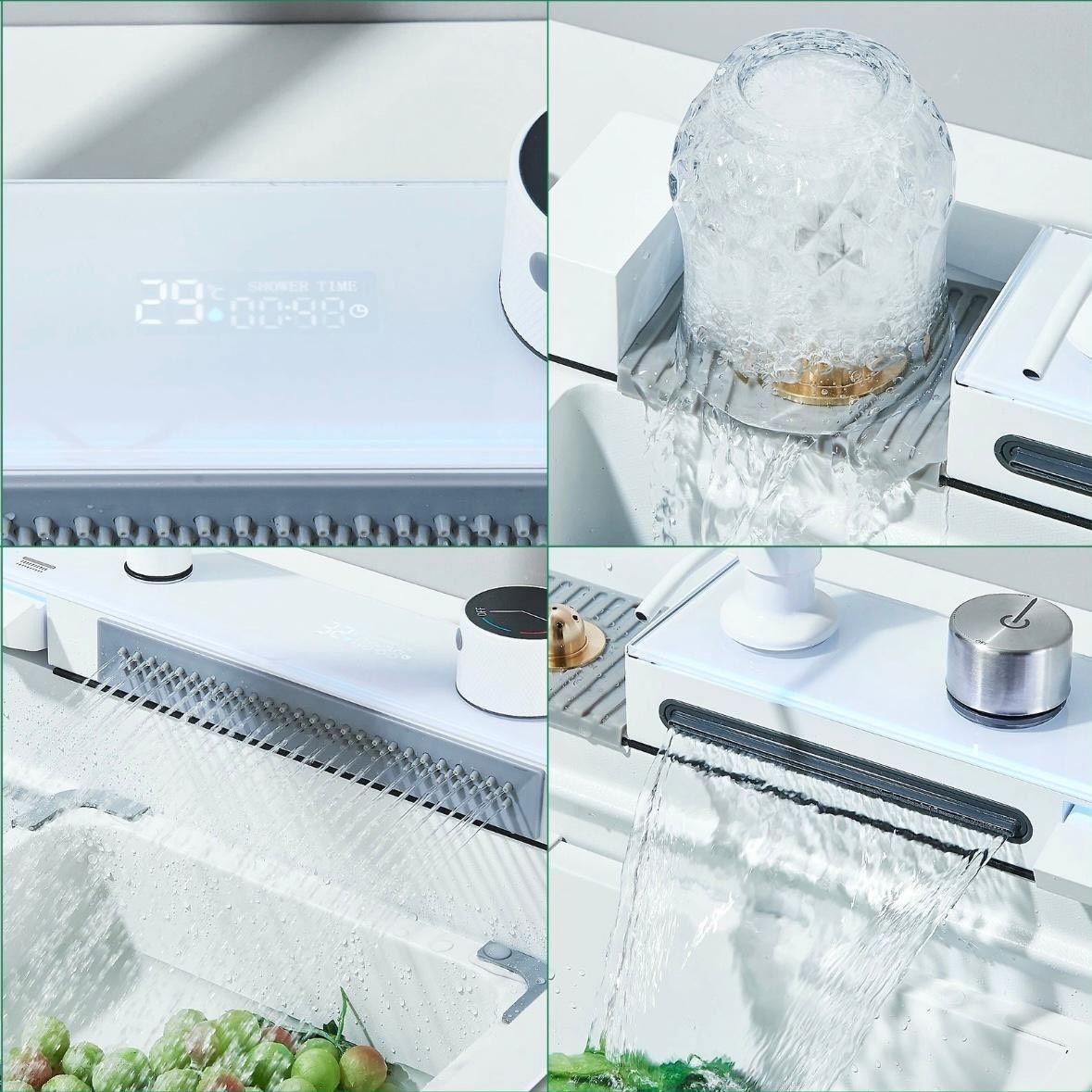 Edelstahl Küchenspüle Weiß mit LED & Wasserfall-Armatur