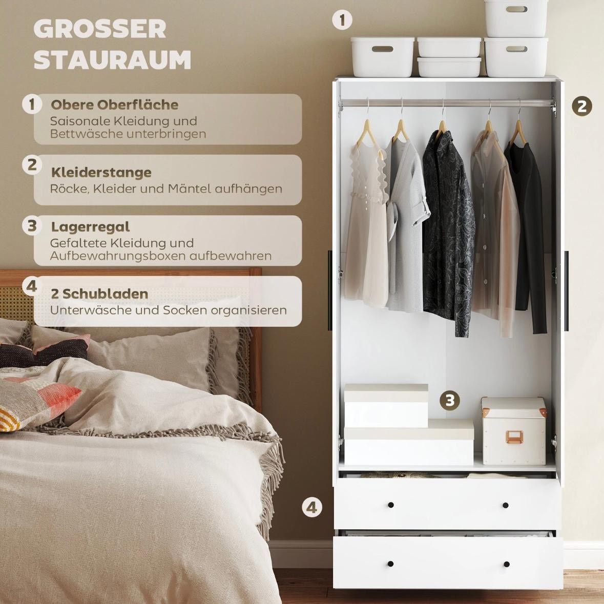 Moderner Kleiderschrank Weiß mit Schubladen & Kleiderstange