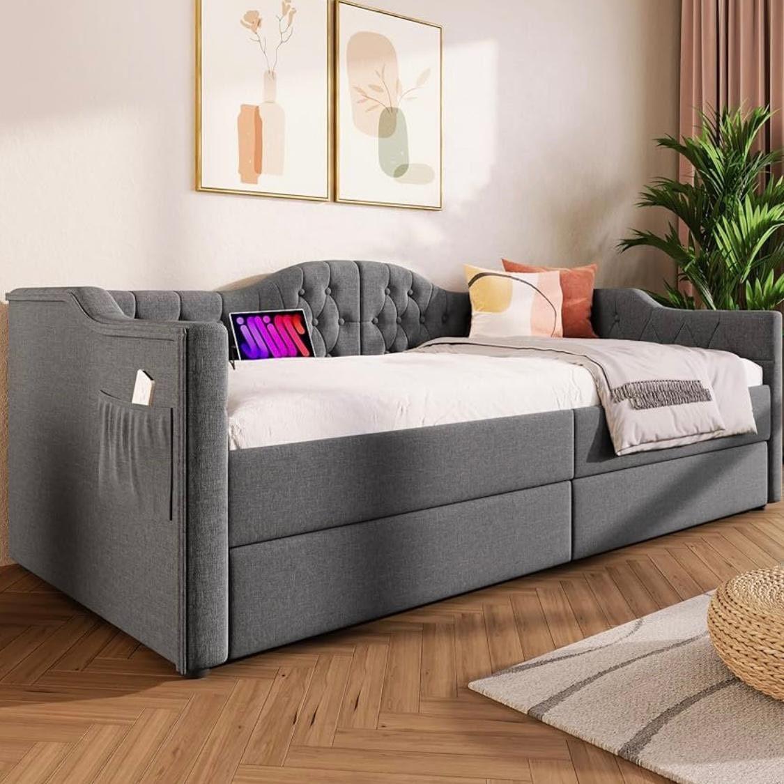 Kinder-Polsterbett 90x200cm mit Stauraum & USB Tagesbett Grau