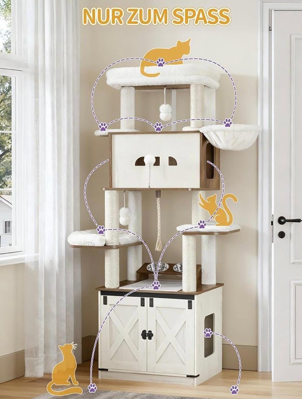 Kratzbaum mit Katzenschrank & Futterstation 173cm