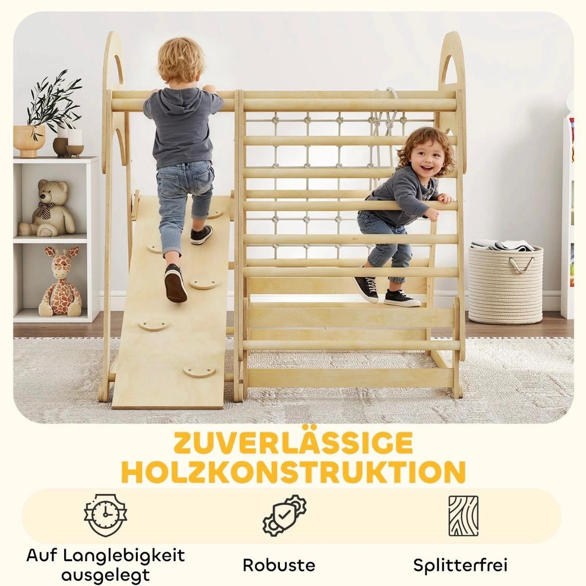 6in1 Montessori Klettergerüst Kinder Indoor mit Rutsche & Kletternetz Holz Spielgerät
