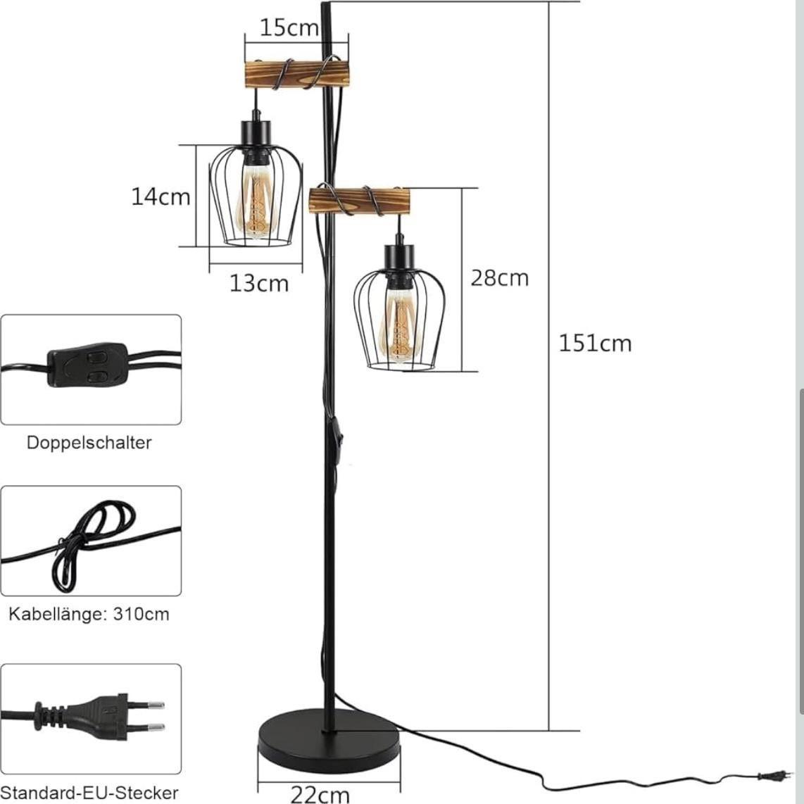 Stehlampe im Industrial- & Vintage-Stil mit Holz & Metallkäfig