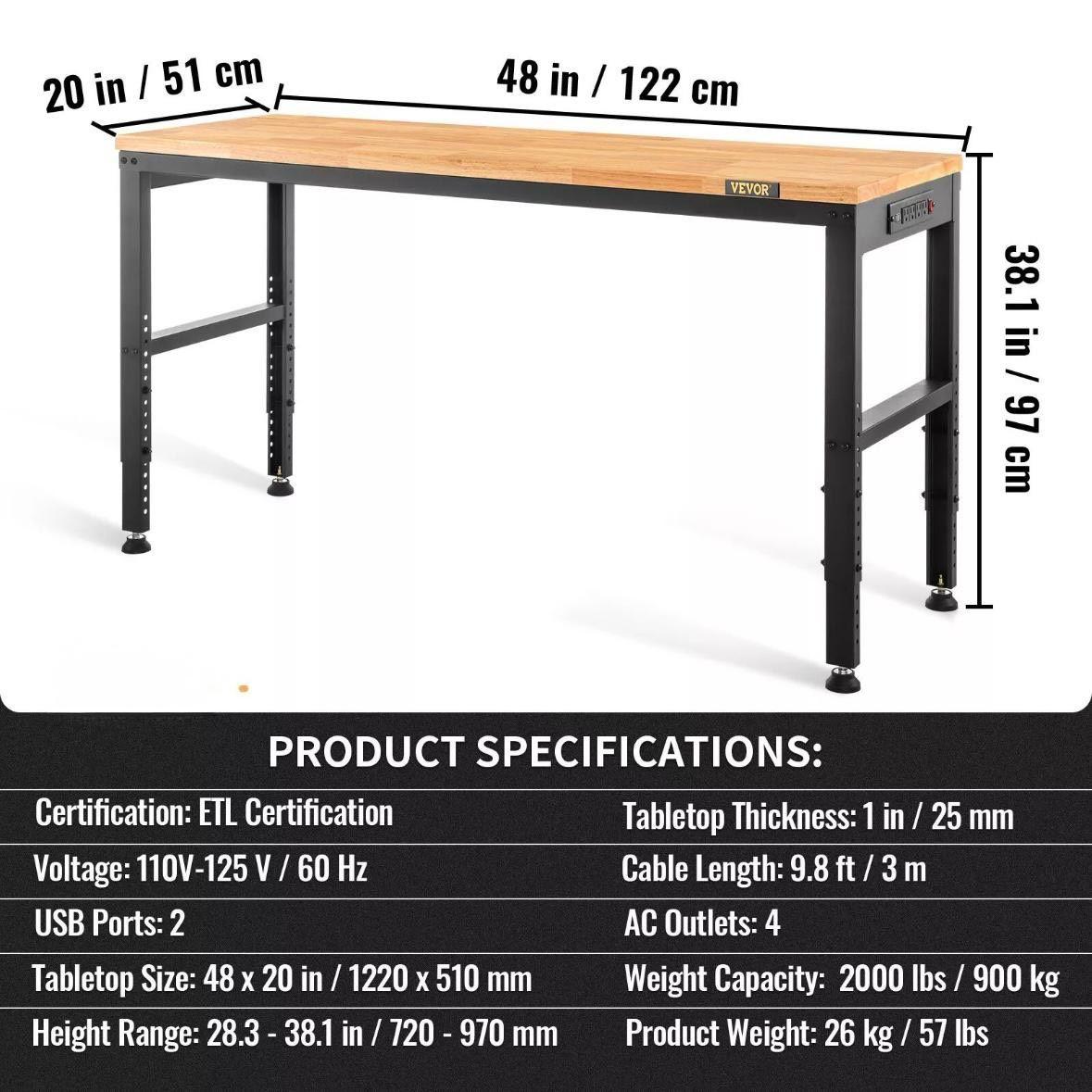 Höhenverstellbare Werkbank mit Steckdosenleiste 122cm bis 900kg