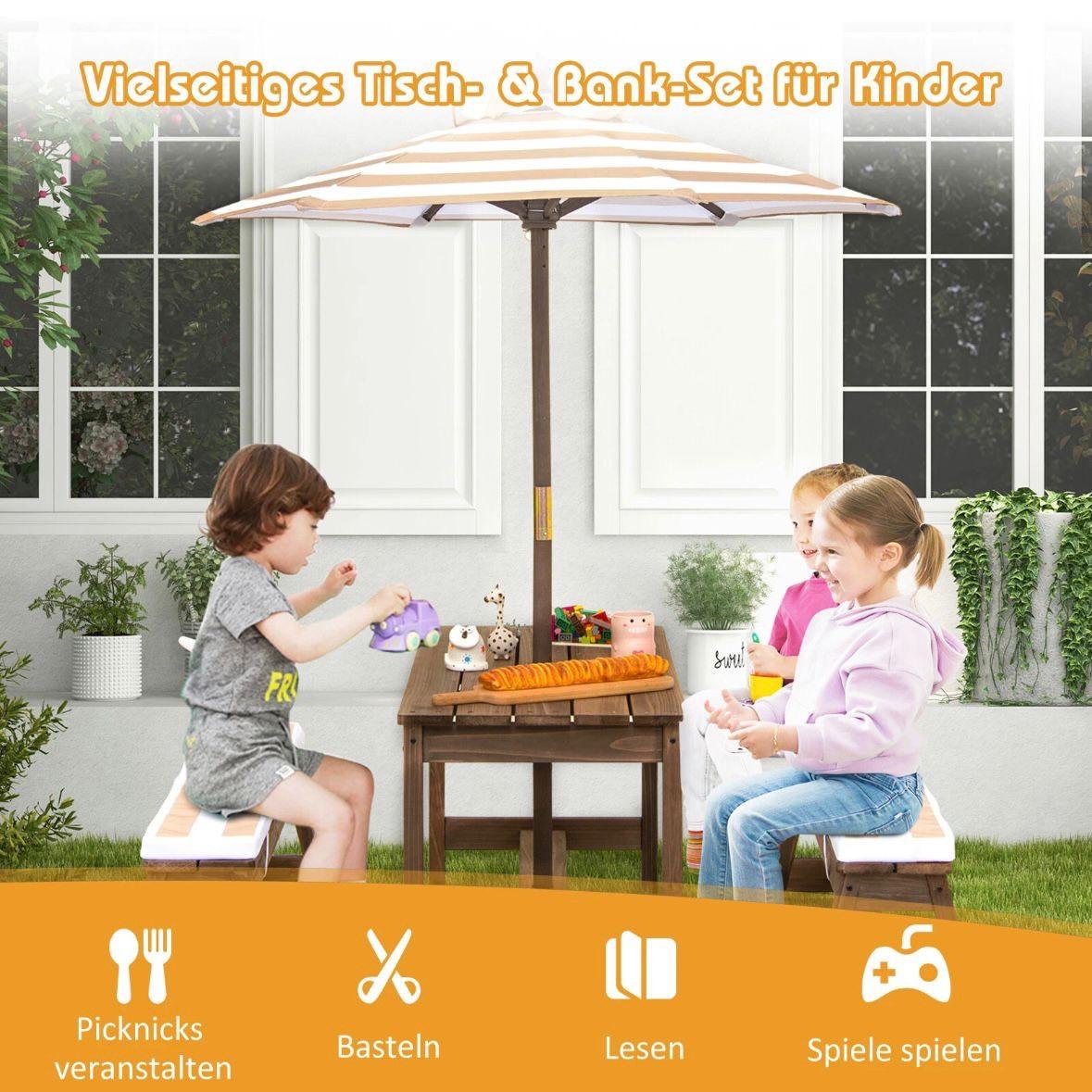 Kinder Picknicktisch Set aus Holz mit Sonnenschirm & Sitzkissen