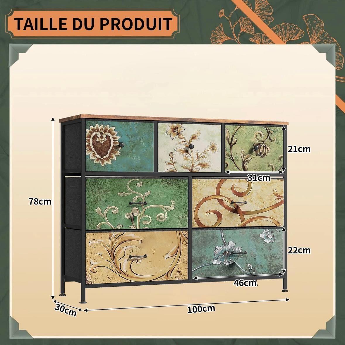 Kommode mit 7 Schubladen im Vintage-Design Stoffoptik & Metallrahmen