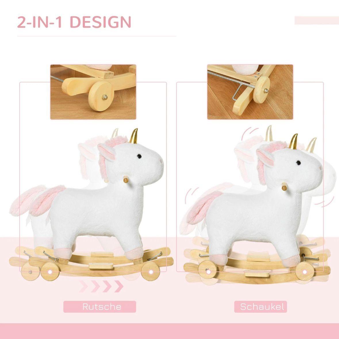 Schaukelpferd Einhorn 2in1 Plüsch mit Rollen & Sound