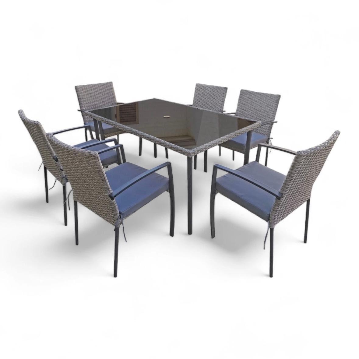Gartenmöbel Essgruppe 6 Personen Polyrattan inkl. Tisch & Kissen