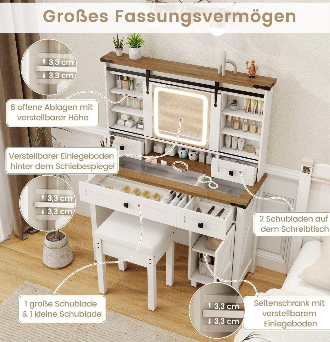 Schminktisch LED Spiegel Frisiertisch mit Hocker Weiß