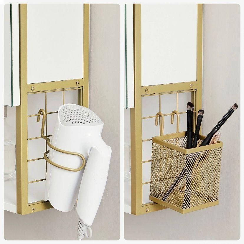 Badschrank mit LED & Spiegel Weiß Gold Wandschrank Badezimmer mit Stauraum