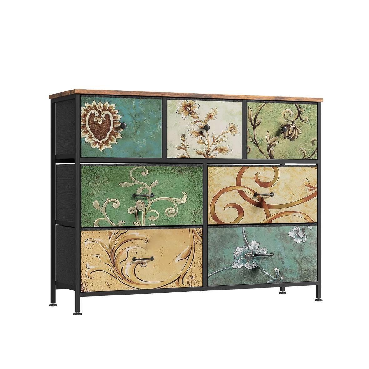 Kommode mit 7 Schubladen im Vintage-Design Stoffoptik & Metallrahmen
