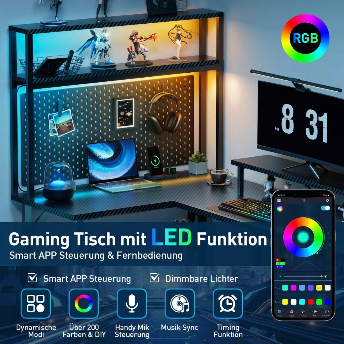 Gaming Schreibtisch L Form LED Steckdose
