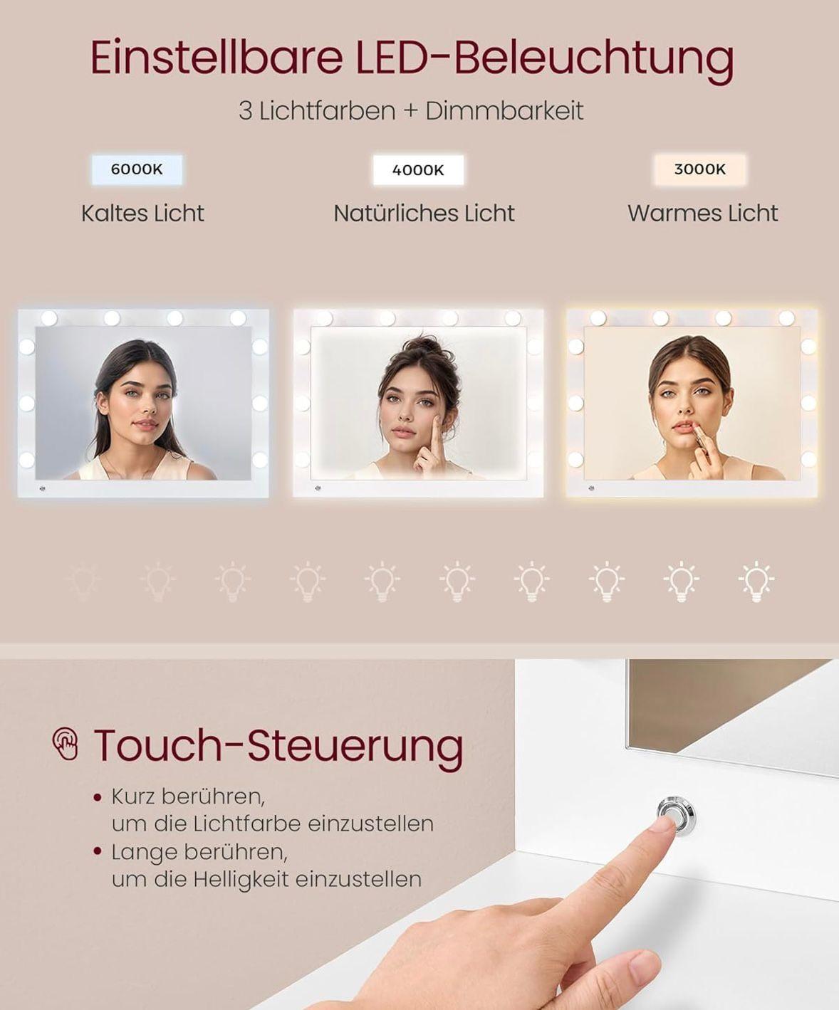 Schminktisch KAILYN mit LED-Spiegel weiß & gold, 9 Schubladen