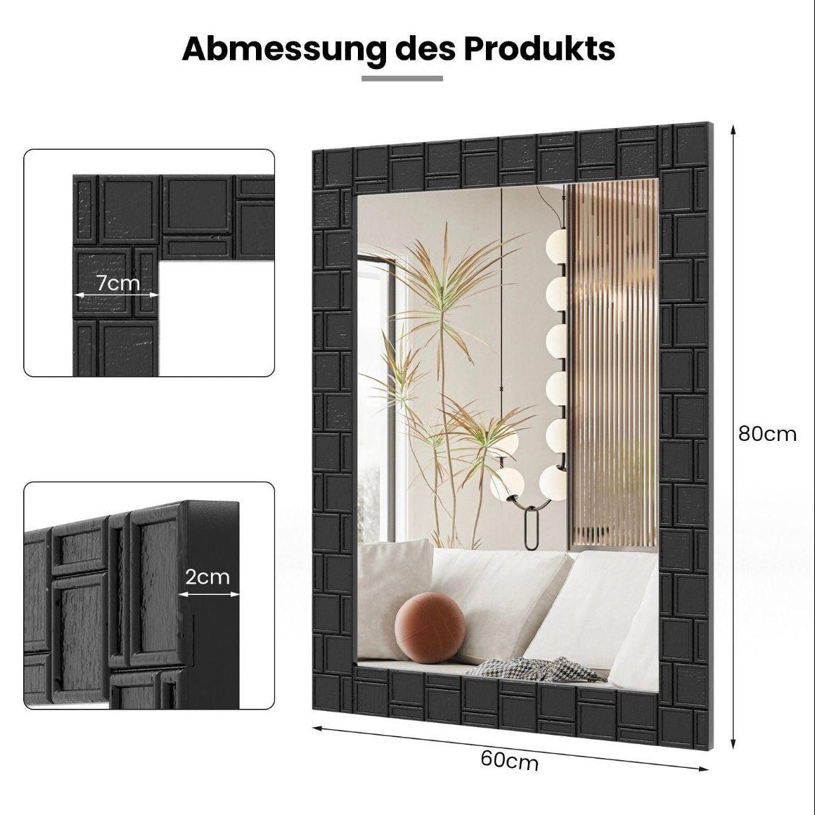 Wandspiegel Schwarz Holzrahmen Rechteck Spiegel 80x60 Modern