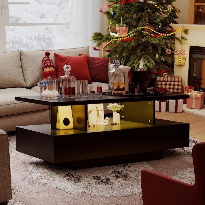 LED Couchtisch Schwarz Wohnzimmertisch mit Schubladen