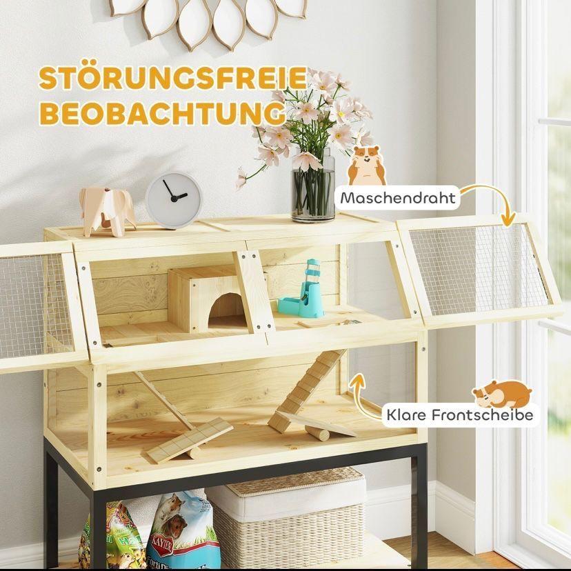 Hamsterkäfig Holz 2 Ebenen Kleintierkäfig mit Rollen Zubehör