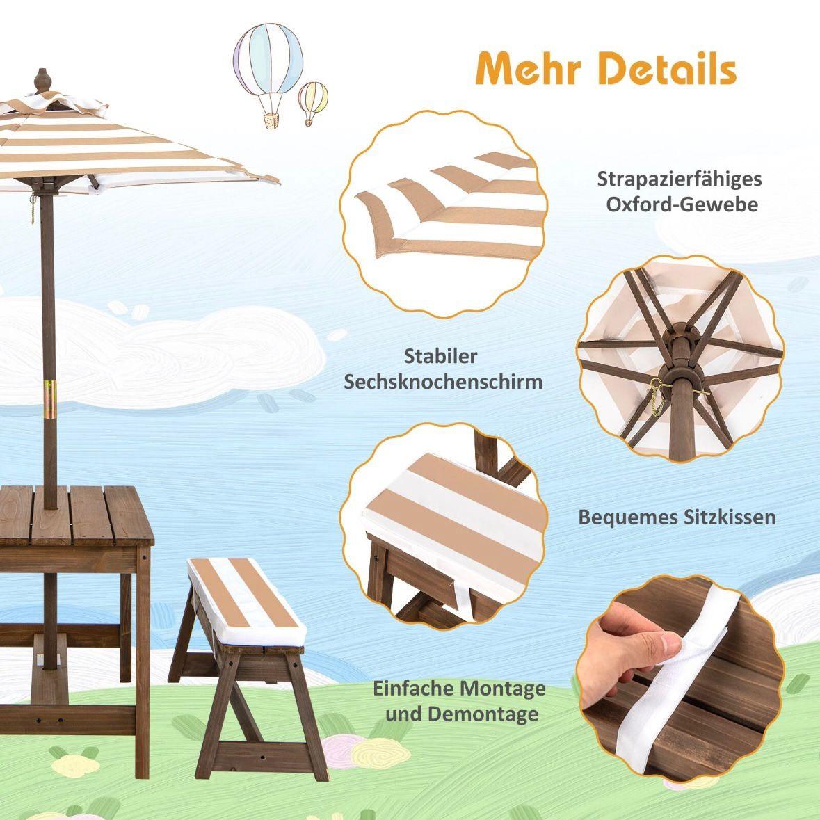 Kinder Picknicktisch Set aus Holz mit Sonnenschirm & Sitzkissen
