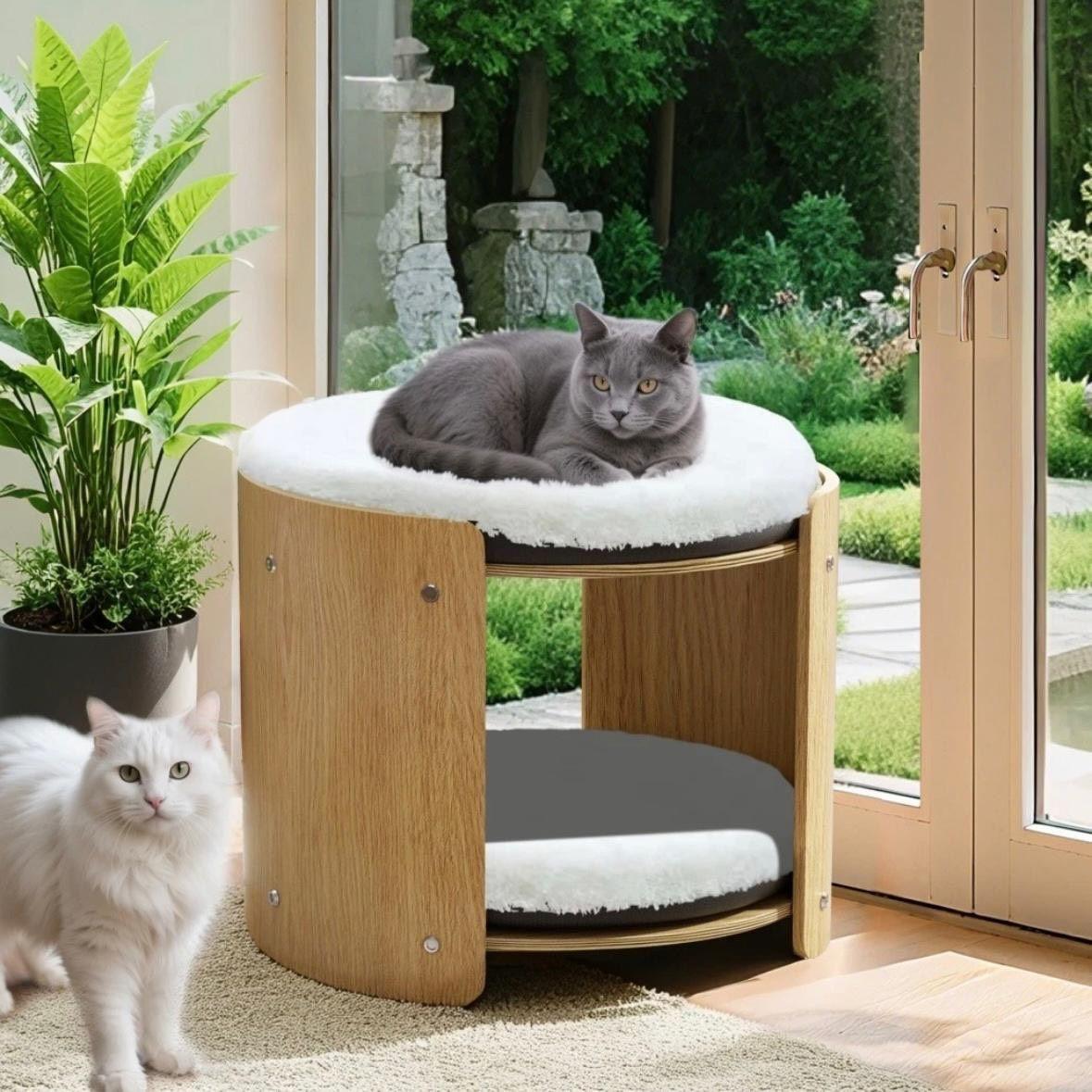 Katzen-Etagenbett aus Buchenholz mit 2 Ebenen & Kissen