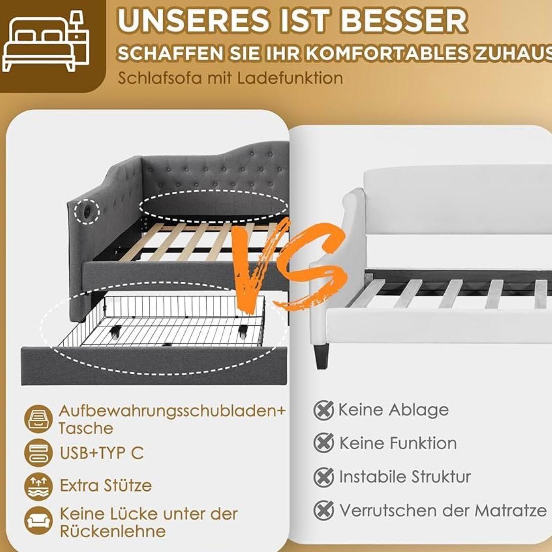 Kinder-Polsterbett 90x200cm mit Stauraum & USB Tagesbett Grau