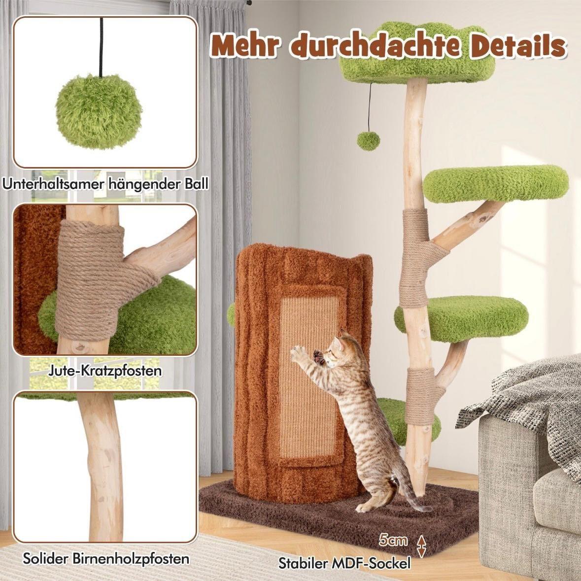 Kratzbaum aus Holz mit Katzenhöhle & Liegefläche stabil & mehrstöckig