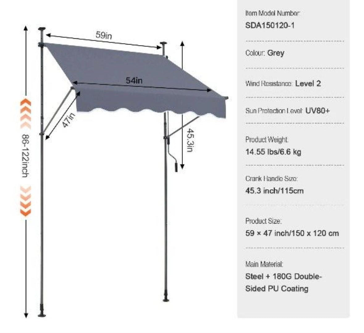 Klemmmarkise Balkon 150×120cm UV80+ Sonnenschutz ohne Bohren