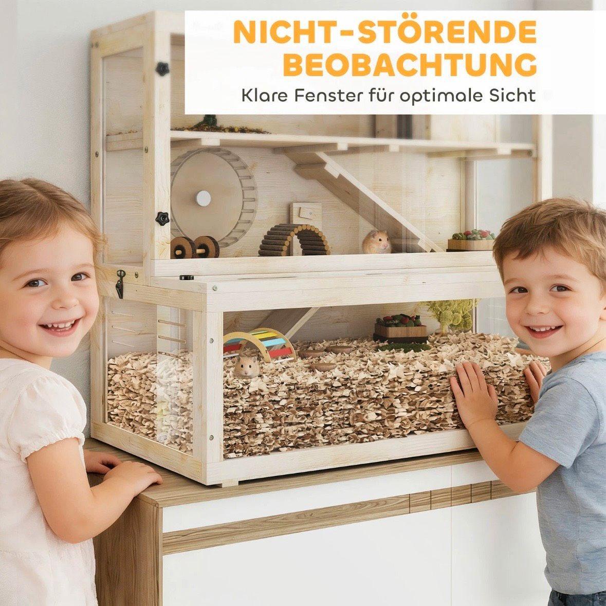 Hamsterkäfig Holz 3 Ebenen Kleintierkäfig mit Laufrad