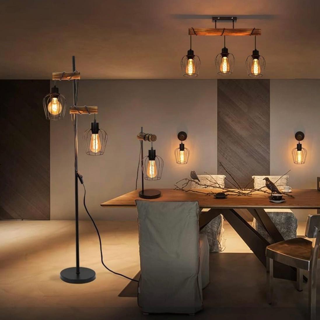 Stehlampe im Industrial- & Vintage-Stil mit Holz & Metallkäfig