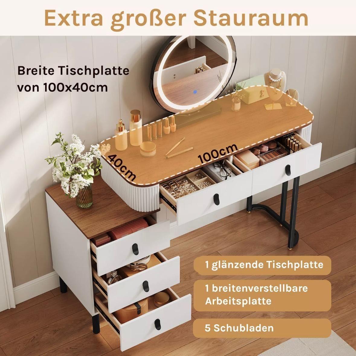 Schminktisch mit LED-Spiegel & 5 Schubladen