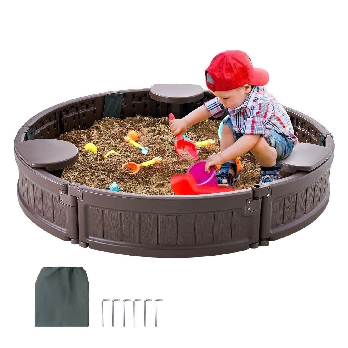 Runder Sandkasten Ø120 cm – Kinder Sandkiste mit Sitzen & Abdeckung