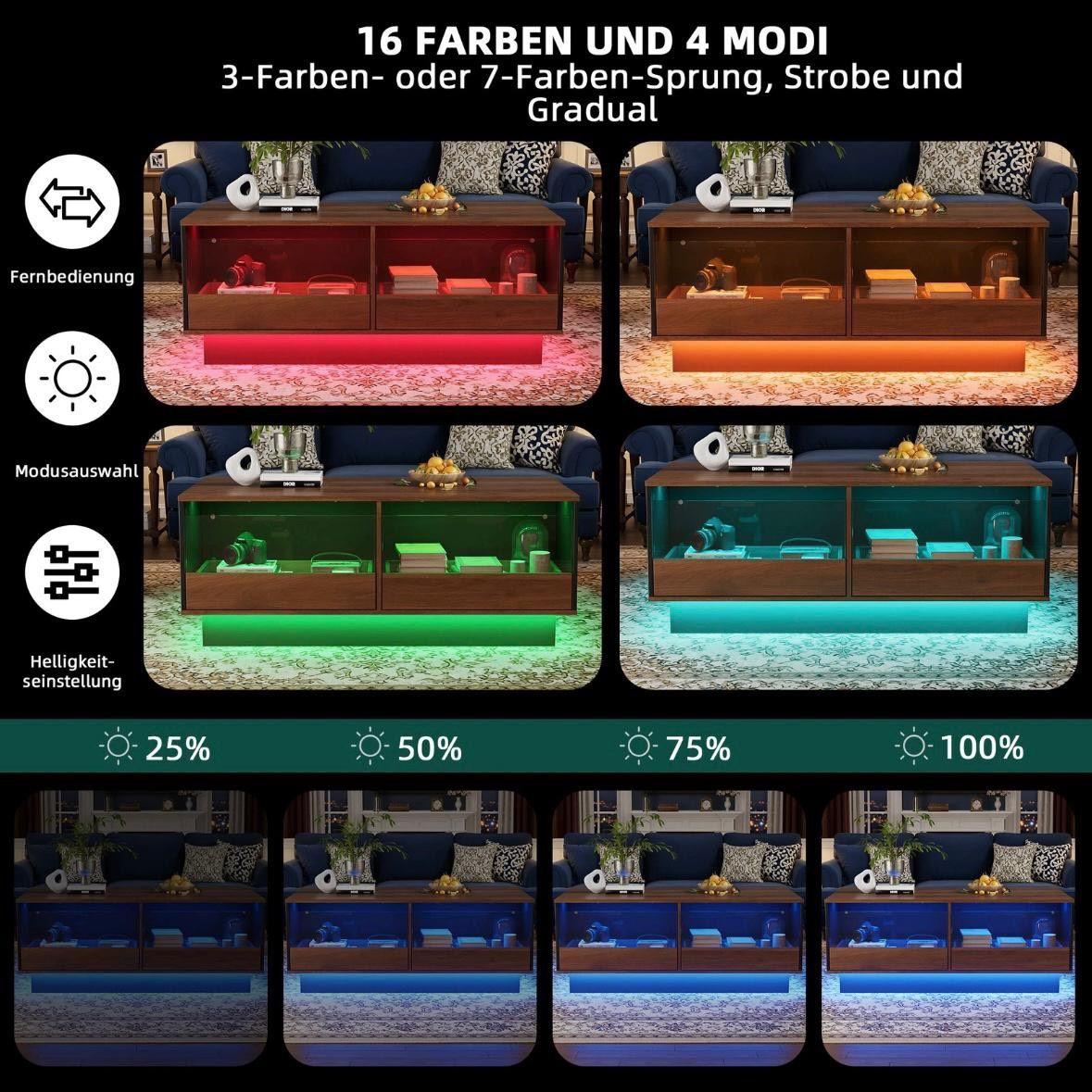 LED Couchtisch mit Glasablage & Schubladen – modern & stilvoll