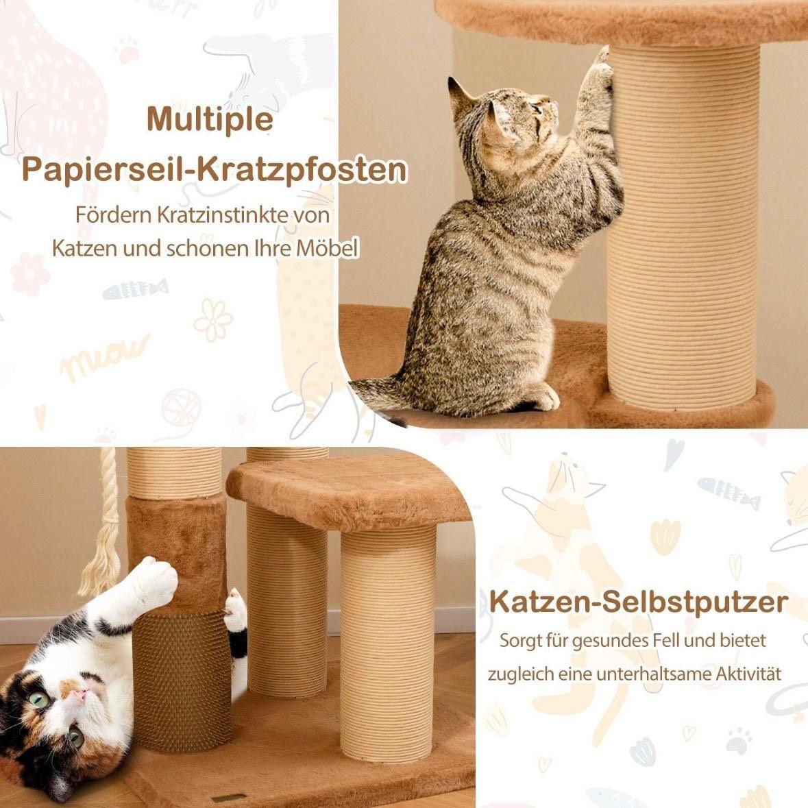 Kratzbaum aus Holz mit gepolsterten Liegeflächen & Katzenbett 164 cm