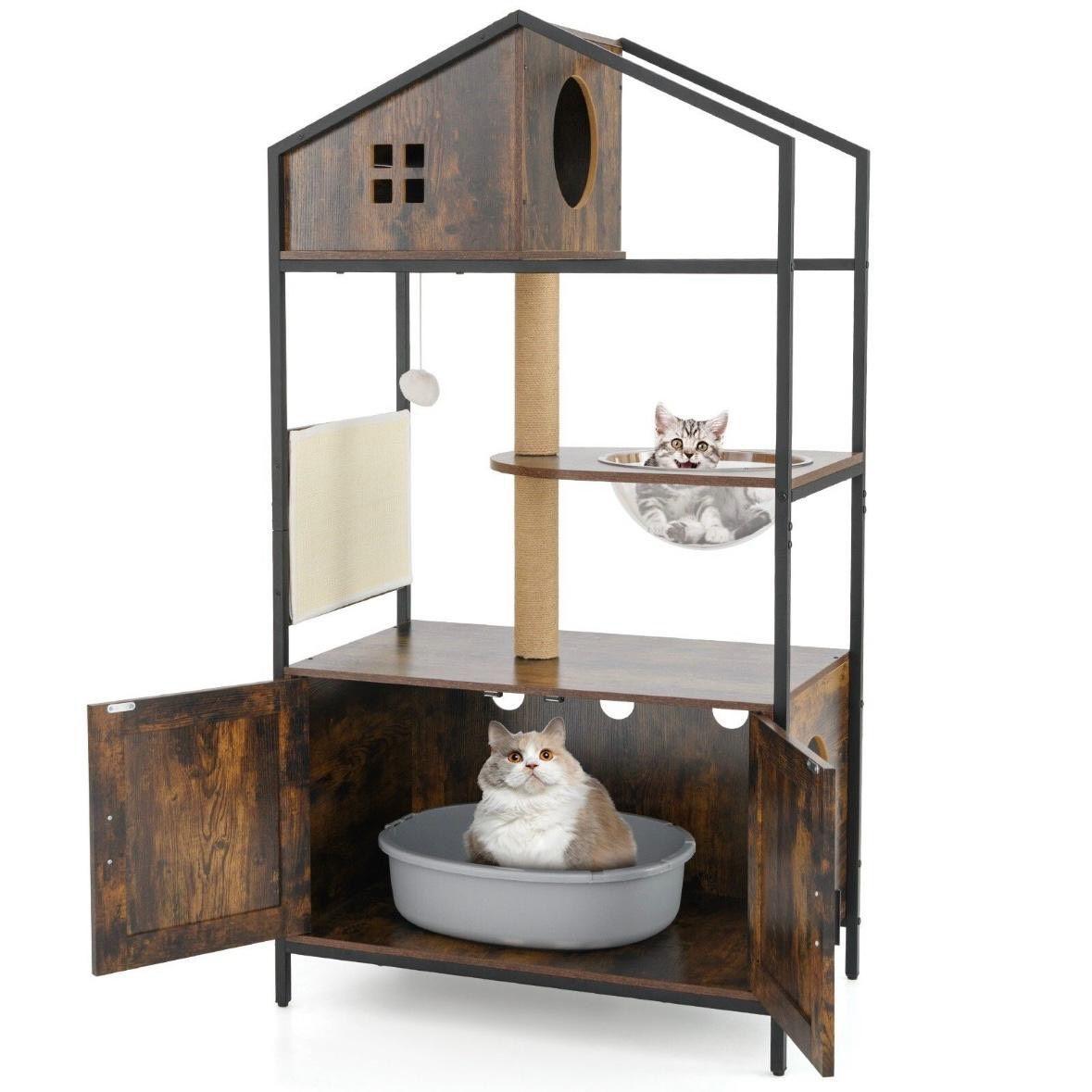 Kratzbaum mit Katzenschrank & Katzenklo – Multifunktionales Katzenmöbel