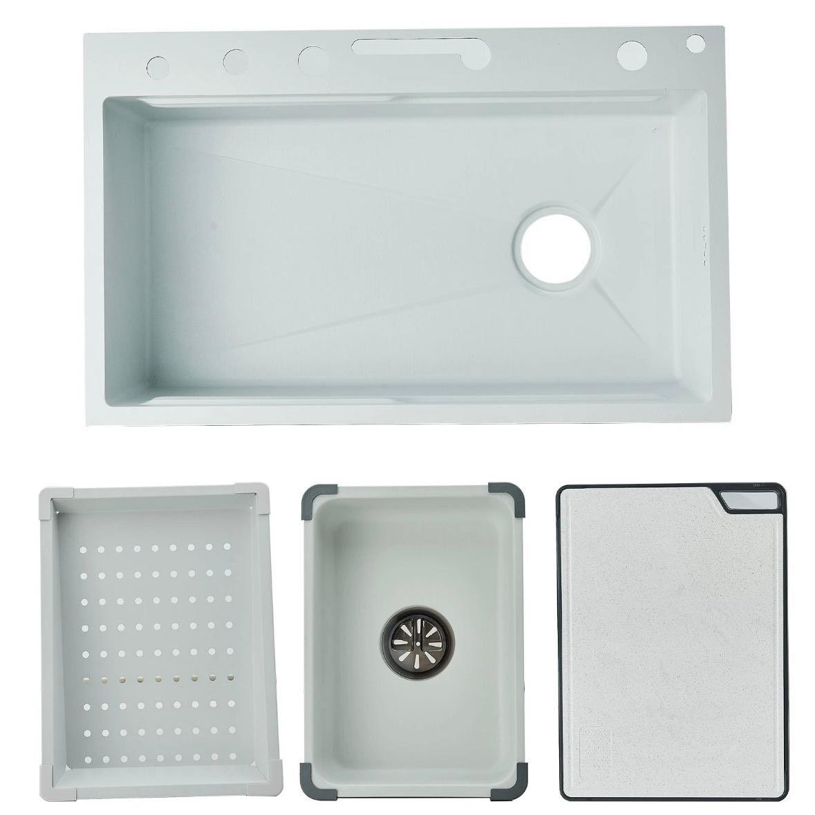 Edelstahl Küchenspüle Weiß mit LED & Wasserfall-Armatur