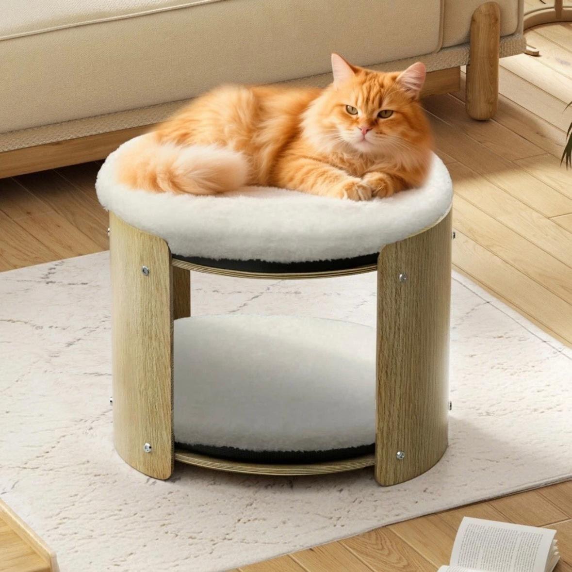 Katzen-Etagenbett aus Buchenholz mit 2 Ebenen & Kissen